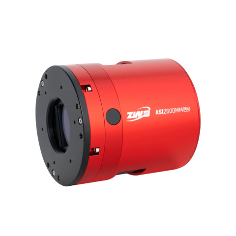 ZWO ASI2600MM Pro cooled mono astronomy camera, red body with tilt-adjustable front plate